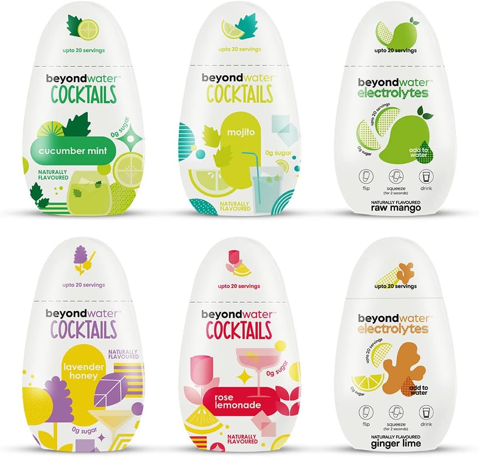 - Smart Party Kit - Pack of 4 Cocktail Mix & 2 Electrolytes ( Rose Lemonade, Mojito Mix, Cucumber Mint, Lavender Honey, Raw Mango, Ginger Line) 65 ml each, 20 Servings each | Zero Calorie Sugar-Free Mixer for Cocktails, Mocktails Drinks Beverages | Non Alcoholic Premium Cocktail Mixer
