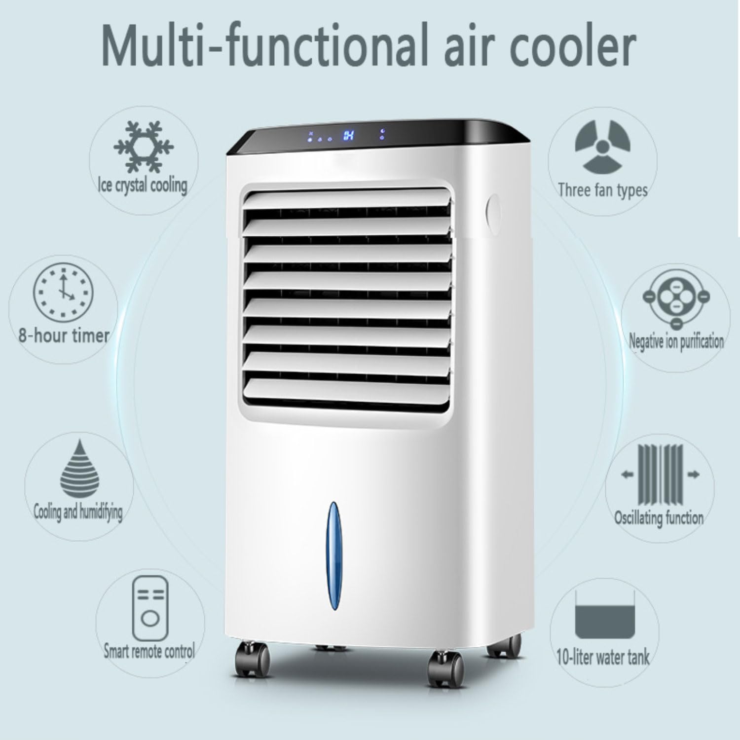 Cichy mobilny klimatyzator 10 l, chłodzenie wyparne z 3 trybami 3 prędkości, oscylacja 60º 8H, timer, obracane koła, wentylator chłodzący powietrze do domu, biura i sypialni