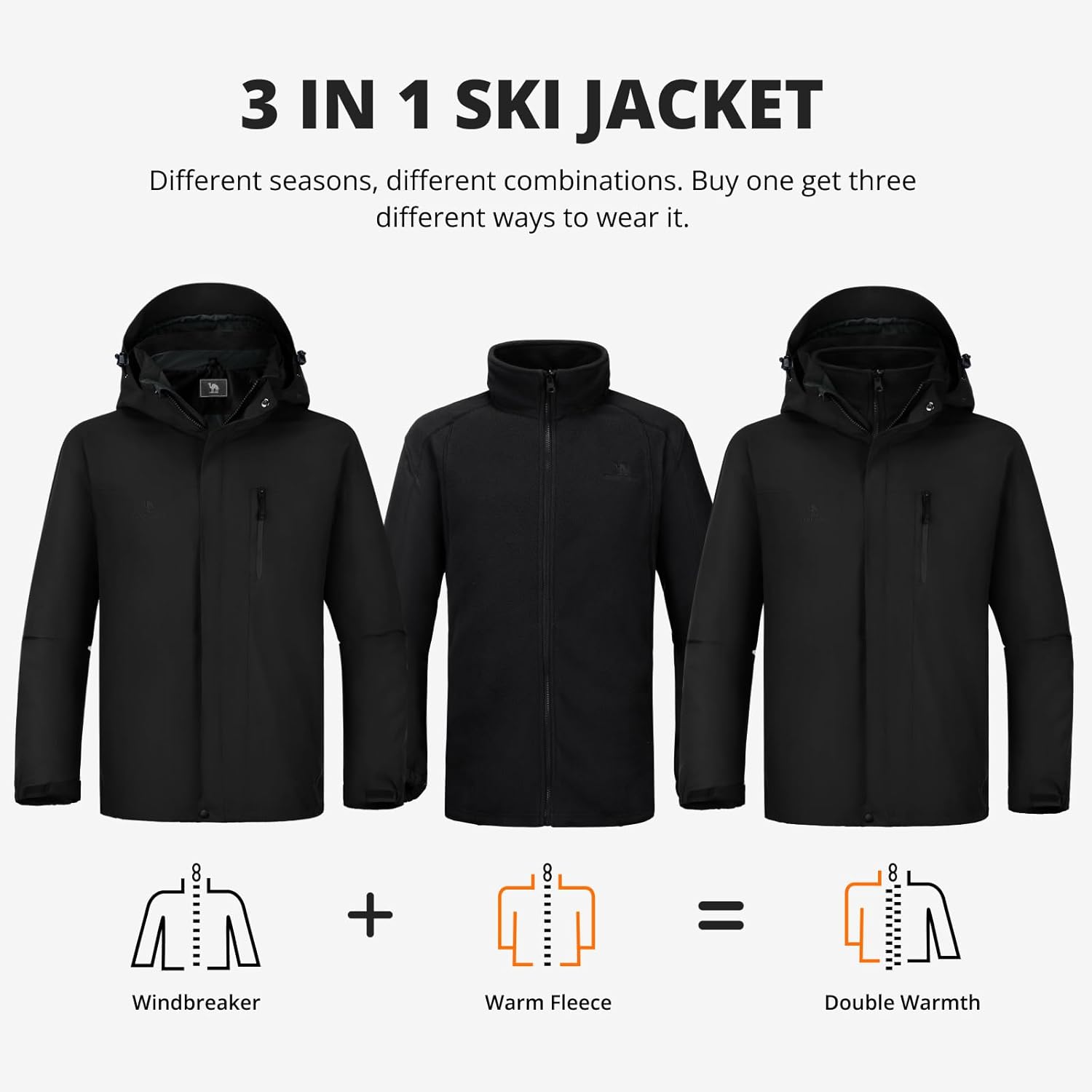 CAMEL CROWN Men's 3 in 1 Ski Snow Jacket Waterproof Winter Snow Coat Windproof Warm Fleece Lining Hiking Rain Jacket Hooded - Image 3