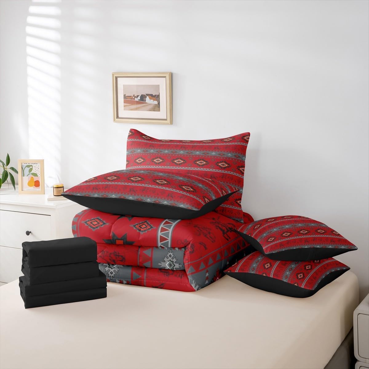 Feelyou Western Cowboy Queen Comforter Set with Sheets for Kids Boys Girls Southwestern Aztec Pattern 7 Pieces Bedding Set Horse Riding Design Bed in a Bag Ranch Farmhouse Room Decor Red Gray