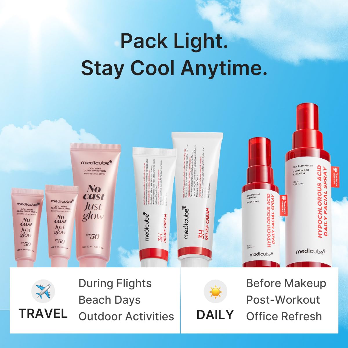 medicube Summer Skincare Travel Kit with HOCl Spray, Relief Cream & SPF 50 Sunscreen