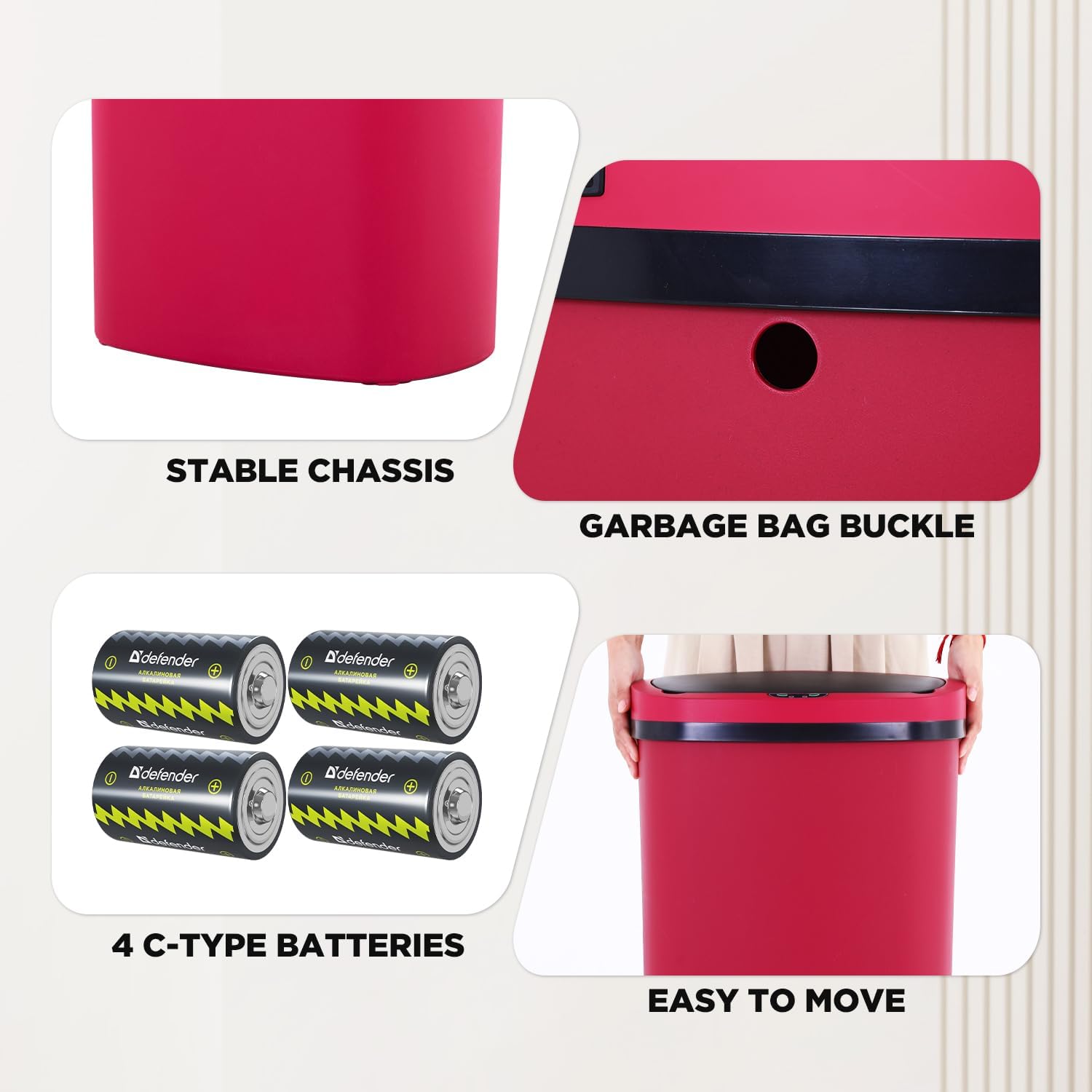 13 Gallon Trash Can, Plastic Kitchen Trash Can Automatic Garbage Can with Lid High-Capacity Touch Free Motion Sensor for Kitchen, Bedroom, Bathroom, Office, Red