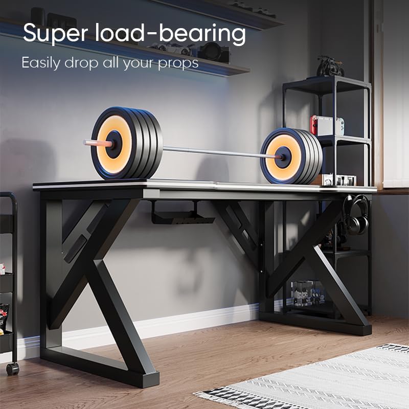 The Deli Gaming Table with a barbell placed on it, illustrating its super load-bearing capacity.