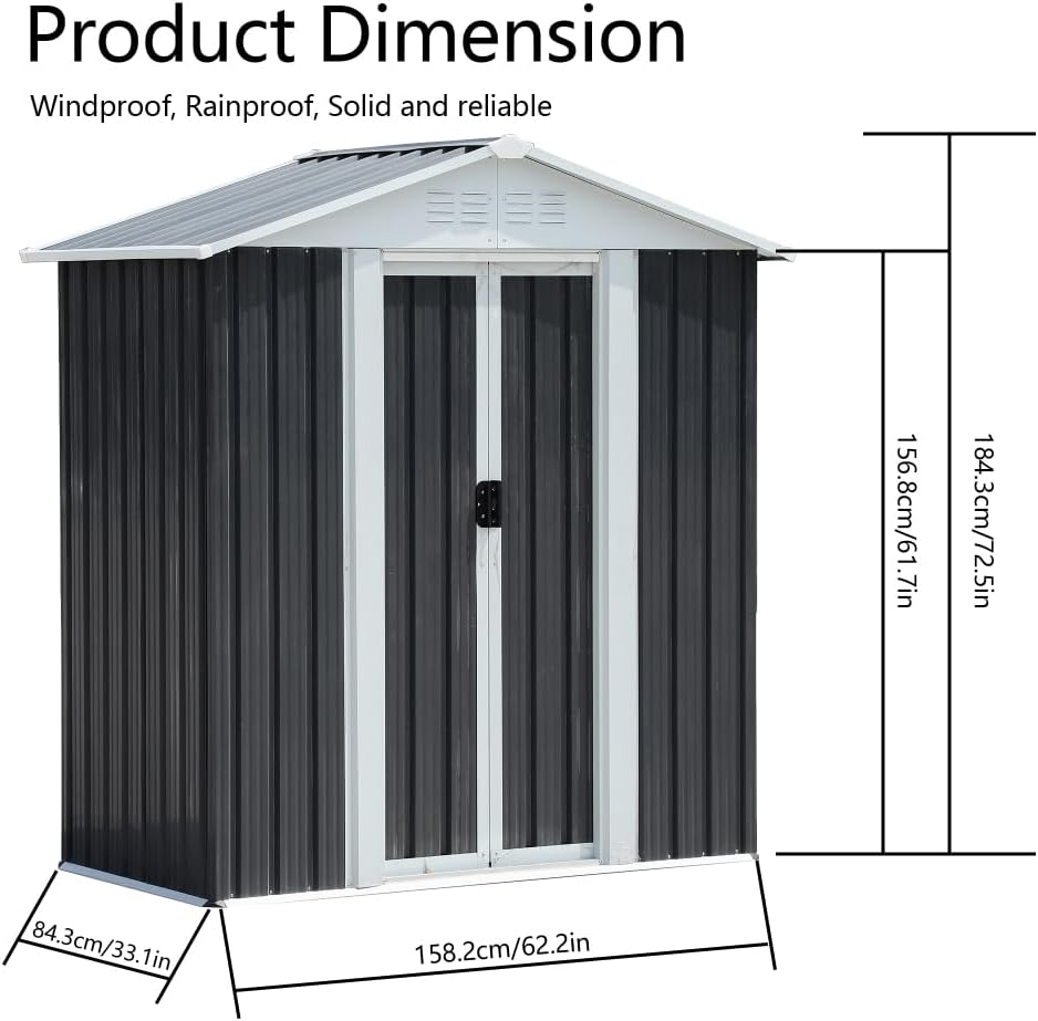 Durable Metal Garden Shed with Pent Roof Design for Outdoor Storage, Weather-Resistant Steel Structure with Hinged Door (NEW 5x3 FT Grey Apex Roof)