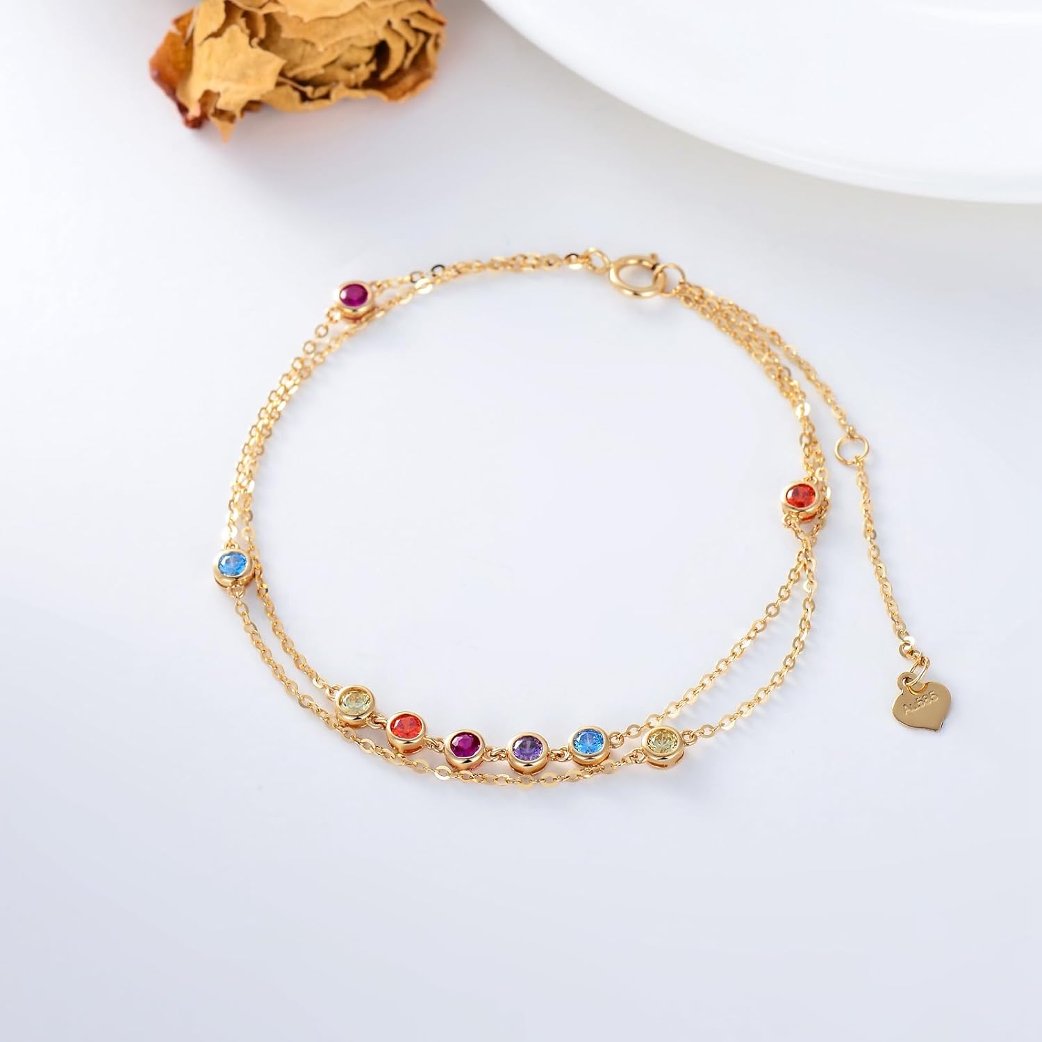 14K Gold Chakra Bracelets for Women Colorful Gemstone Bracelet with Cubic Zirconia Women's Dainty Gold Bracelet, 6.5''-8.5''