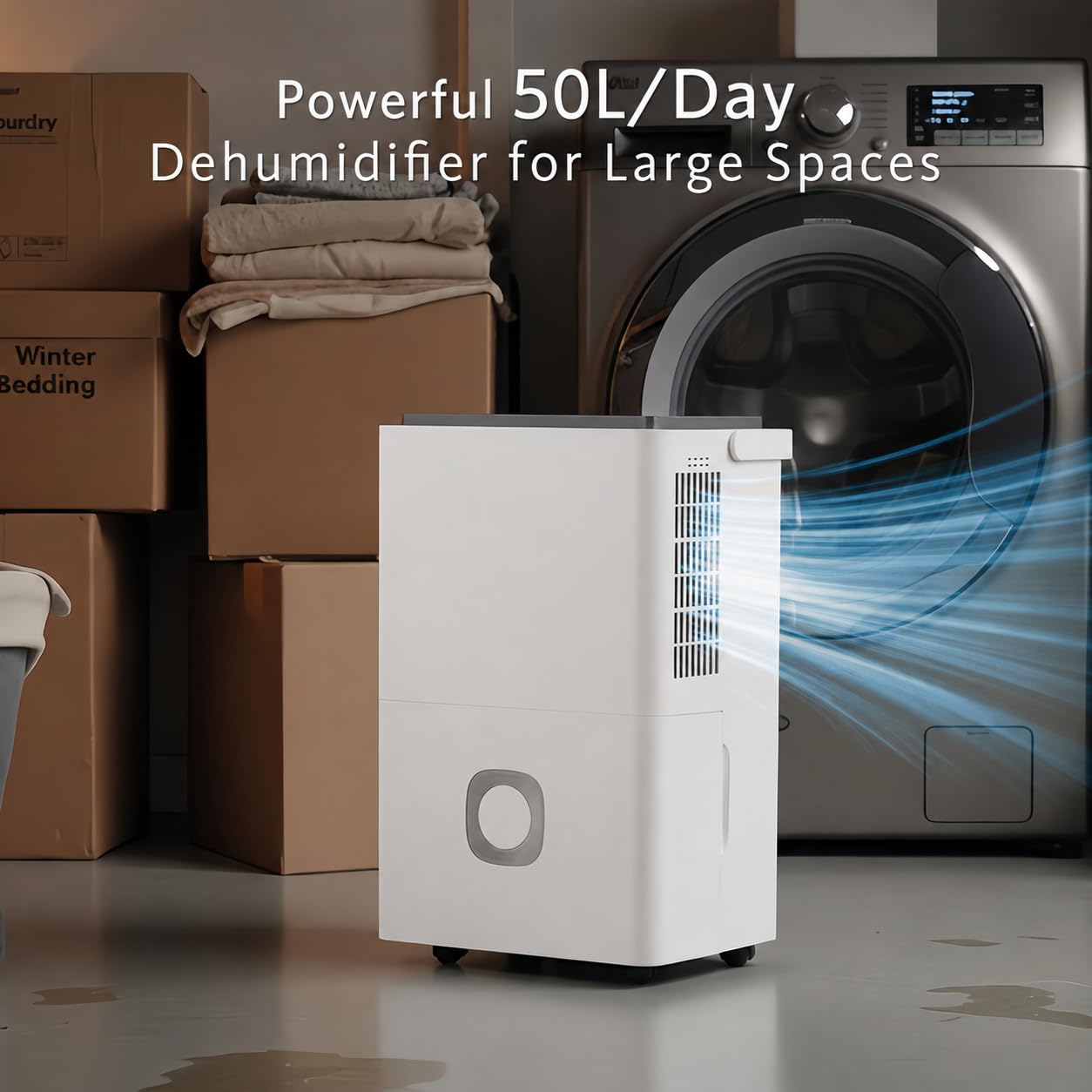 Deshumidificador Eléctrico Portátil Silencioso:50L/Día Ahorro Energético Depósito 4.5L Drenaje Continuo con Tubo para Sótano Garaje Baño Oficina Habitación Cocina y Trastero
