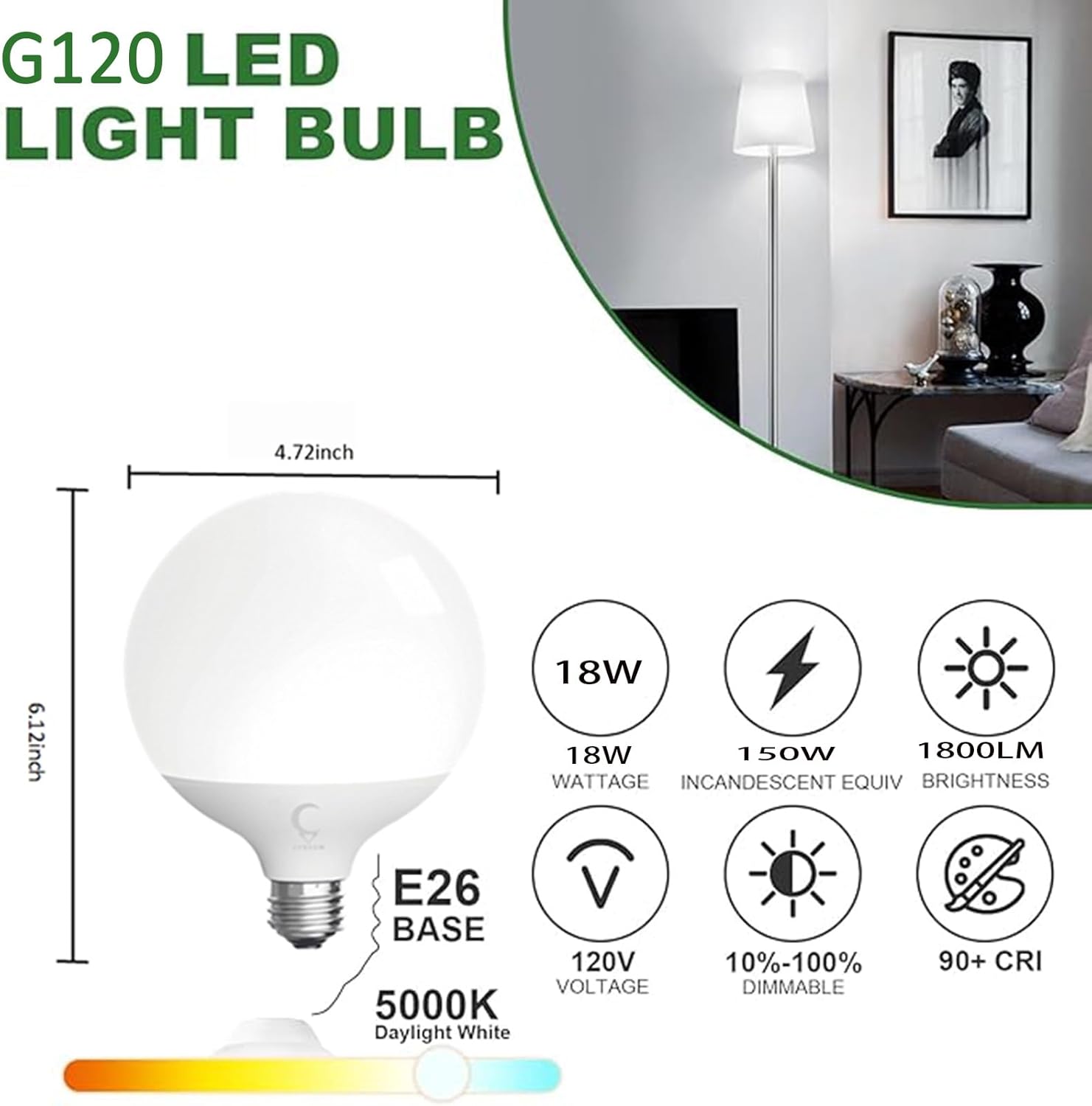 LED Globe Bulb, 150W Equivalent Light Bulbs, 18W 5000K Daylight, 1800 Lumens Non-Dimmable LED Bulb, E26 Standard Base (18W 5000K 1pack)