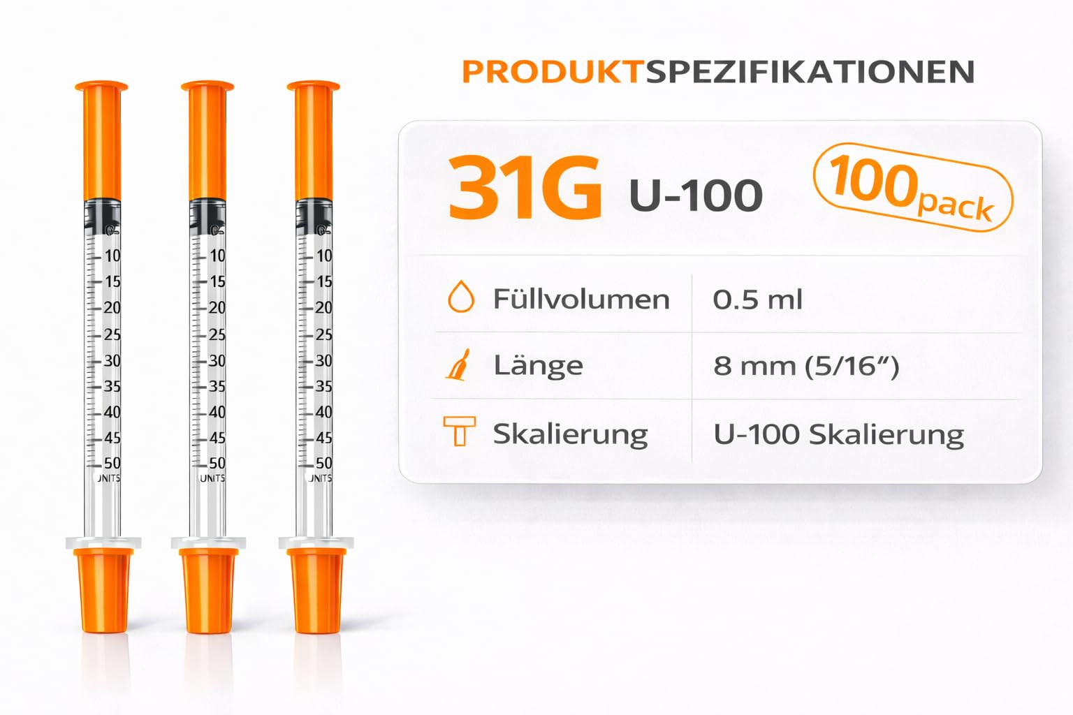 100 Stück 0,5 ml U100 Präzisions-Dosiertubes 31G x 5/16" (0,25 x 8 mm), einzeln verpackt für Labor und technische Anwendungen