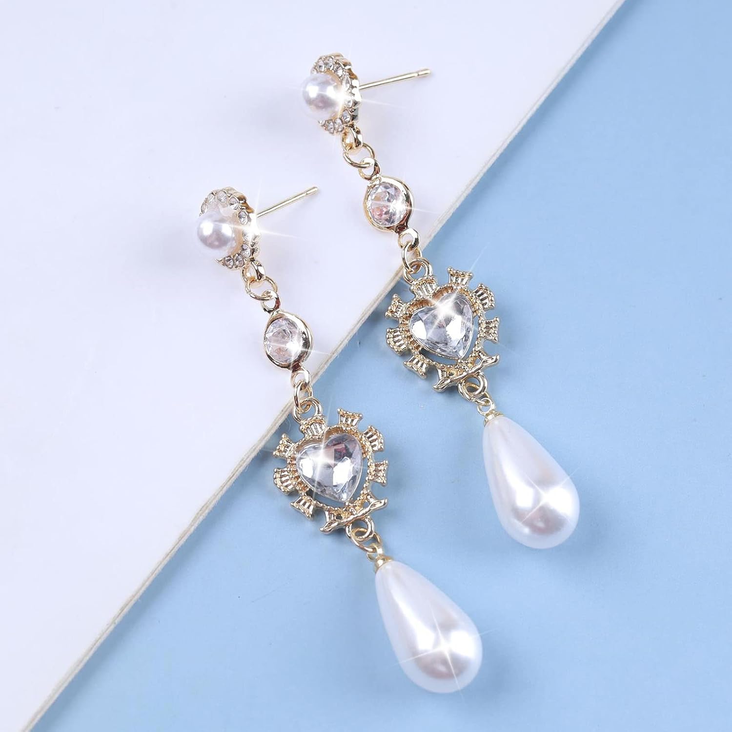 Andelaisi Boho Crystal Heart Pearl Earrings Vintage Pearl Teardrop Dangle Earrings Gold Pearl Stud Earrings Personalized Pearl Long Drop Earrings Jewelry for Women - Image 5
