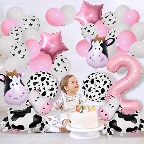 Miniatura 3 de Globos de vaca, decoraciones de cumpleaños con texto en inglés Holy Cow Im Two, globos con estampado de vaca para niña, fiesta de segundo cumpleaños