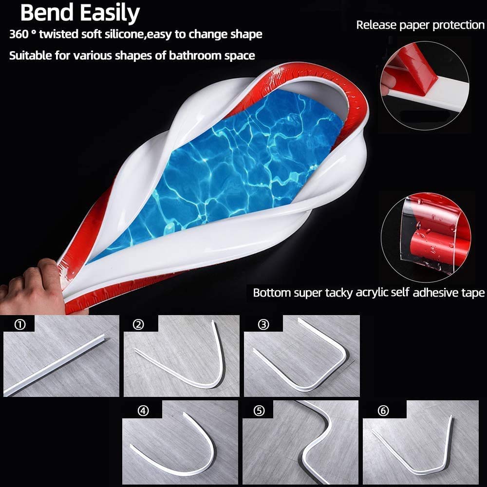CHICHENG Junta de silicona para suelo de cuarto de baño, barrera de ducha plegable y sistema de retención y mantiene el agua dentro del umbral, tira impermeable flexible para separación húmeda y seca