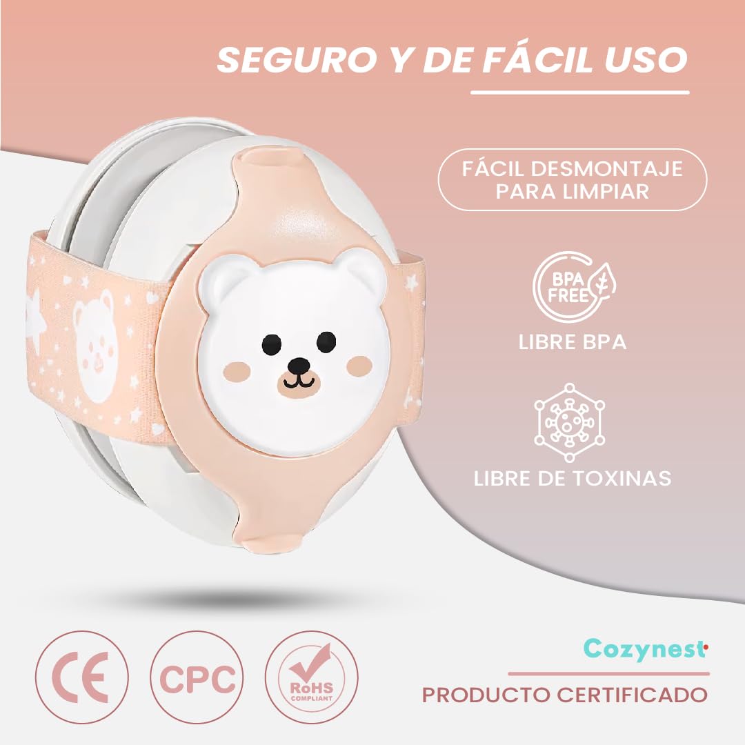 Cozynest Cascos Antiruido para Bebés 0-36 Meses con Reducción de Ruido de 25dB, Diseño de Oso y Diadema Ajustable - Orejeras Antiruido con Bolsa de Transporte (25dB + Cinta Extra, ROSA)