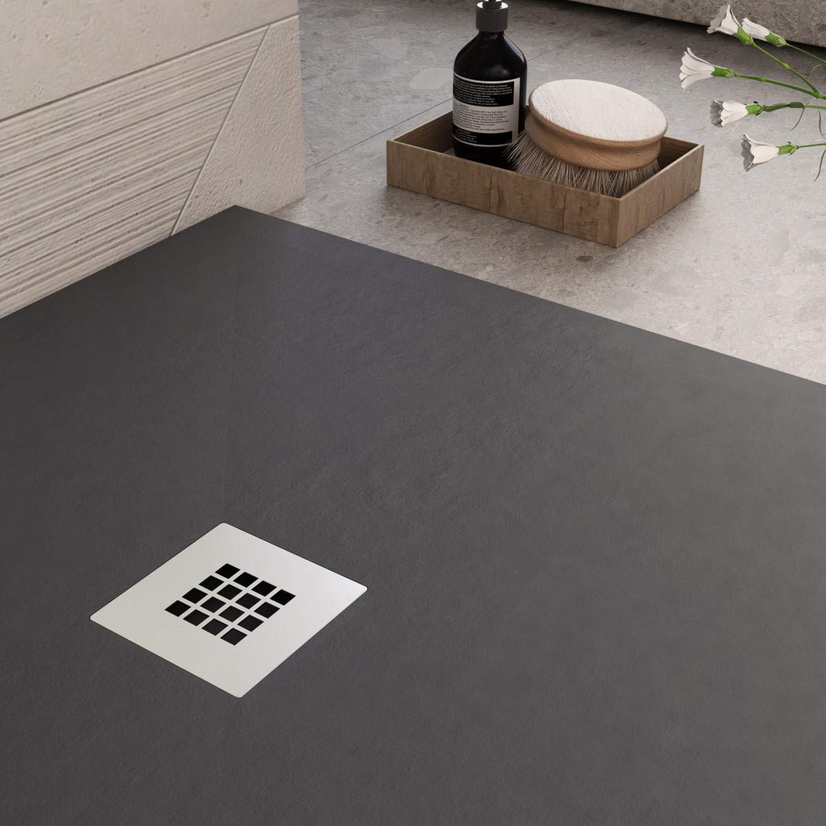 Luminosa ArredoBagno Piatto Doccia Marmoresina 70x140 - Effetto Pietra Antiscivolo con GELCOAT - Modello MARMOTEK Colore Nero - Griglia in Acciaio e piletta Incluse