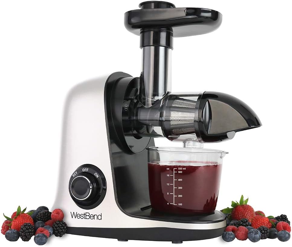 West Bend Cold Press Masticating Juicer Extractor Machine Features Quiet Motor Anti-Clog Reverse Function Nutrient Preserving For Juicing Fruits Vegetables and All Greens, 150-Watts, White