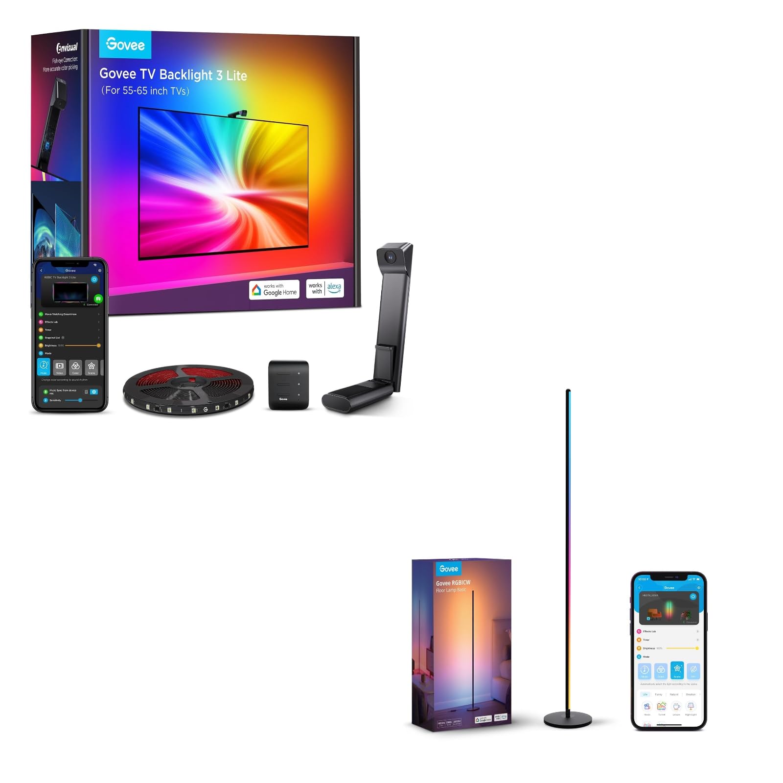 Govee TV Backlight 3 Lite Lámpara de Pie RGBIC Bundle | Compatible con Alexa y Google Assistant, Control de la Aplicación, DreamView, Para Salón y Dormitorio