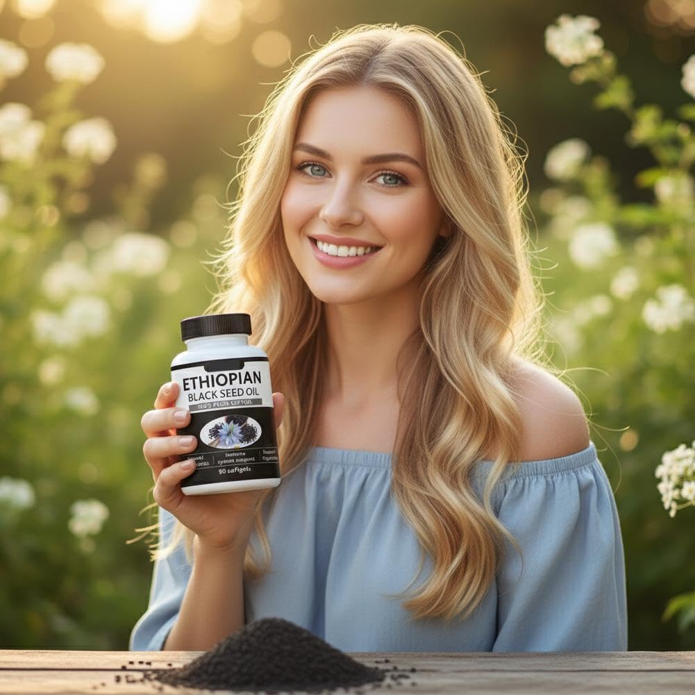 Cápsulas de aceite de semilla negra puramente etíope 4,64% de timoquinona, cápsulas blandas de aceite de semilla negra etíope puramente nutriente, prensado en frío orgánico, sin OMG, sin gluten, 60