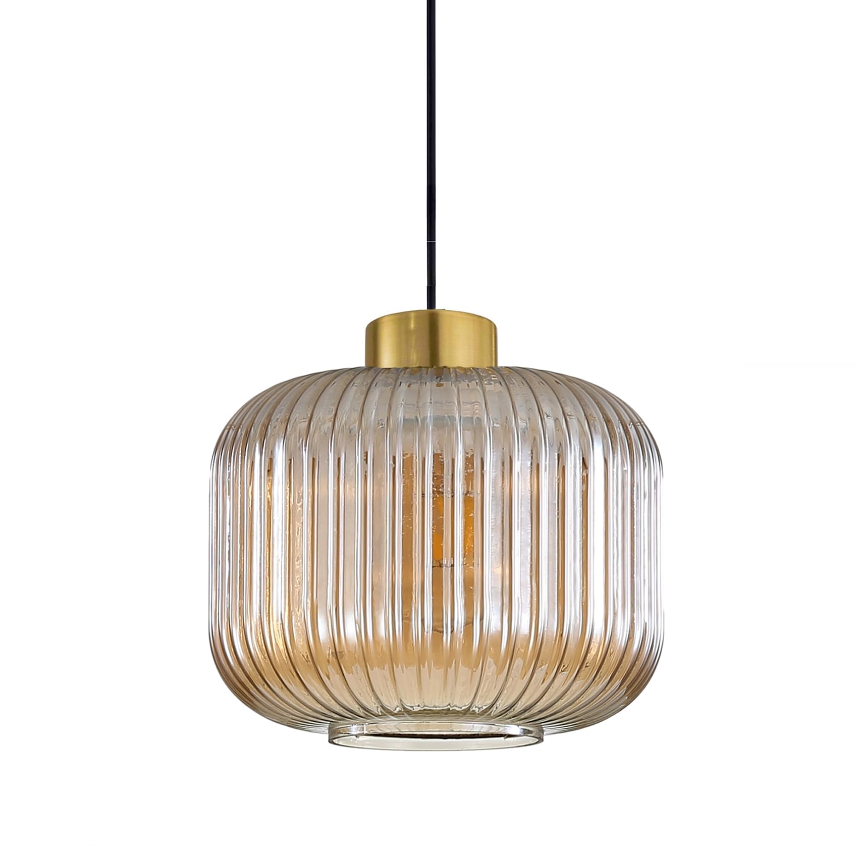 Lampadario Moderno in Vetro Rigato con Finitura Dorata e Cavo Nero, Eleganti Lampade a Sospensione per Sala da Pranzo, Camera da Letto o Cucina (Ambra, 24cm)