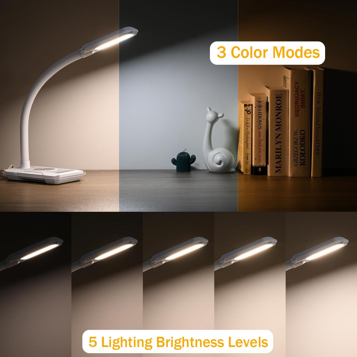 Schreibtischlampe LED Dimmbare RGB Tischleuchte mit 15W Wireless Charger und USB Ladefunktion, Musik Sync, Touch Steuerung, 8 Farbmodi , Einstellbar Schwanenhals Leselicht für Lesen Home Office, Weiß