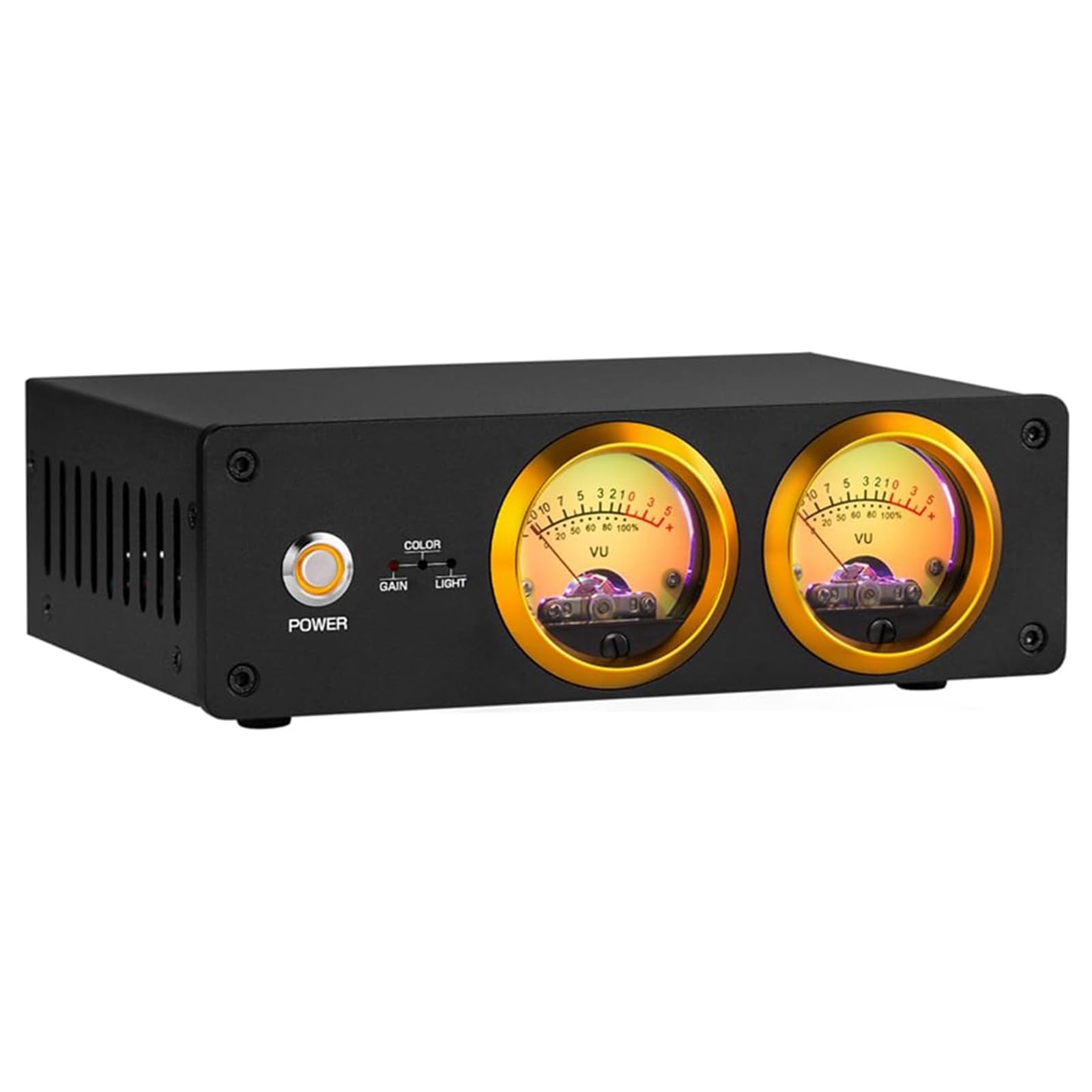 Podwójny analogowy miernik VU, Audio Splitter Switch Box z panelem bazy danych ekranu, głośnikami stereo, wiele kolorów/jasności/swobodnie regulowany zysk