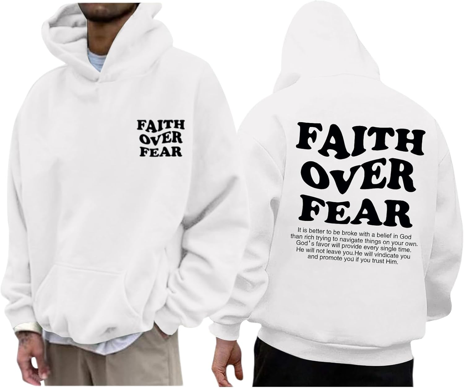 Faith Over Fear Hoodie Men Christian Jesus Sweatshirts Bible Verse Graphic Hoodies Inspirational Streetwear Pullover