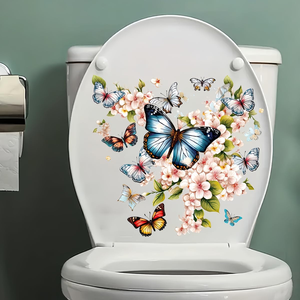 Colorful Butterfly White Flower Toilet Cover Sticker Decals,Flower leaf bird Waterproof Toilet Lid Tank Seat Decals Cistern Self-Adhesive Bathroom Wall Sticker