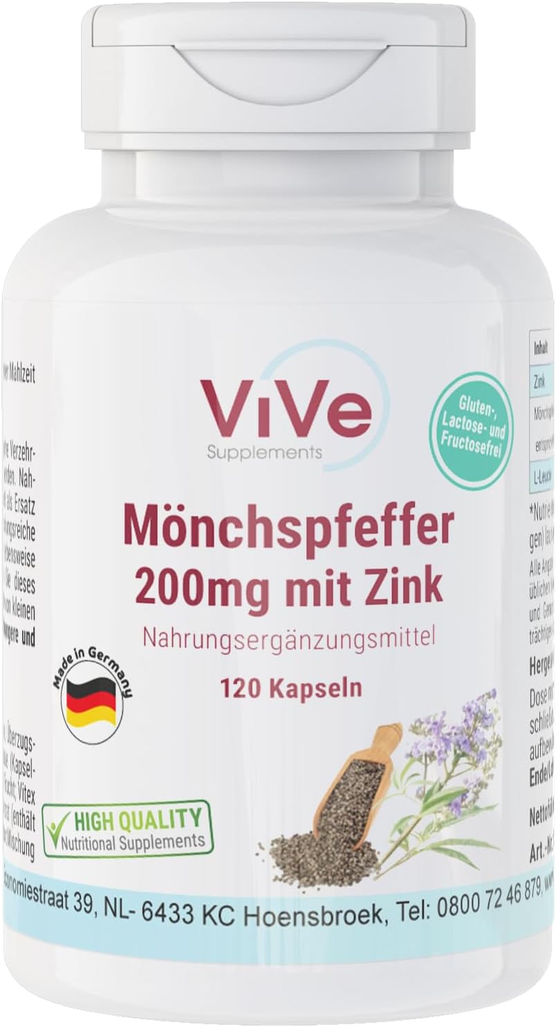 Monks Pepper 200 mg with Zinc - 120 Capsules - Vitex Agnus Castus - High Dose - Vegan Quality from Germany ViVe Supplements