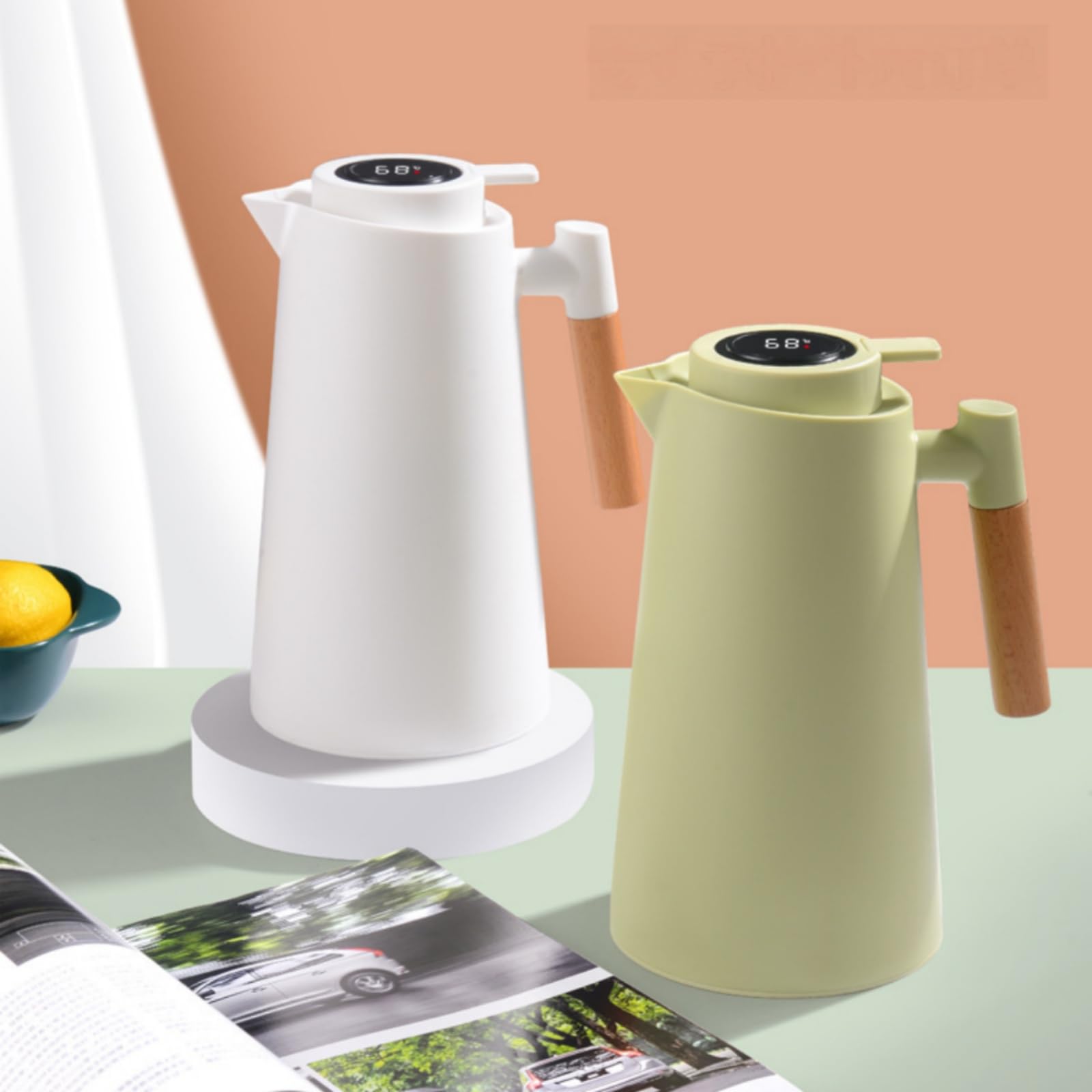 Caraffa termica intelligente con display della temperatura, 963,9 g, con rivestimento in vetro sottovuoto, caraffa termica a pressione per acqua, caraffa per caffè con manico in legno, caraffa per