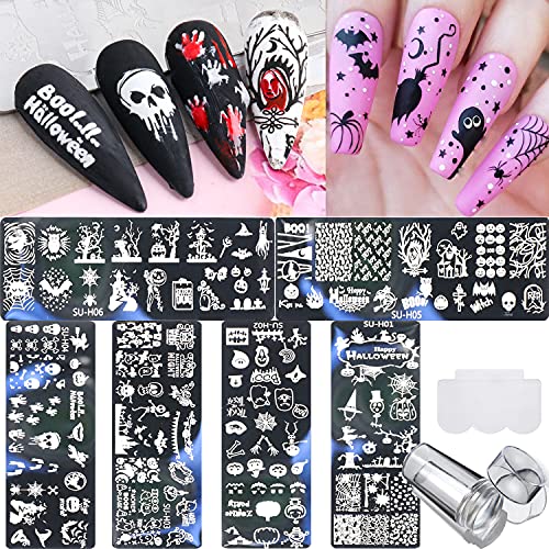 Nail Stamper Plates Set 6PCS Nail Art stamping plate+1 rubber stamper+1 Scraper Pumpkin Witch Skeleton Bat Spider Nail Design for Acrylic Nail Decoration Kits for Party Nail Supplies