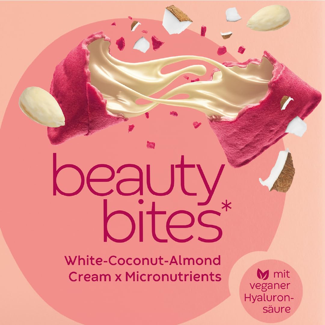 Biogena Moments Beauty Bites - 10er-Pack - Weiße Kokosmandelcreme Vegane Snacks, Gluten- und Palmölfrei, mit Vitaminen A, E, Biotin, Zink & veganer Hyaluronsäure für strahlende Haut | 135 kcal