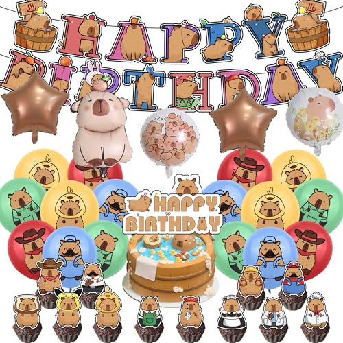 Capybara Party Dekoration Kit, Globos de Capibara Cumpleaños, KDFSSIPE Pancartas y Decoraciones Pasteles, 35pcs Kit Fiesta Tema Capybara Infantil Niñas Niños