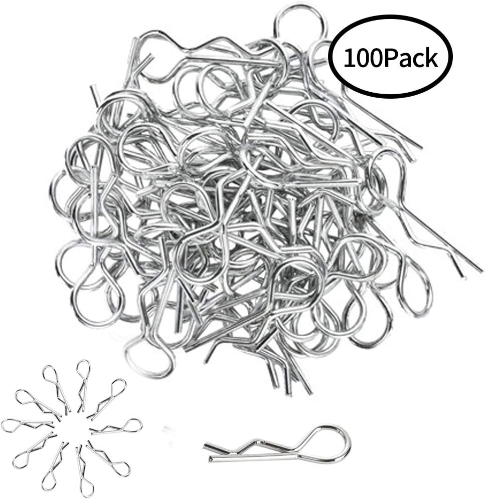 Set of 100, Xpurc RC Model 6mm Medium Bent Body Clips, Springy R-Clips for 1/10 RC Car Truck Buggy Crawler Replacement Parts (Metalic)