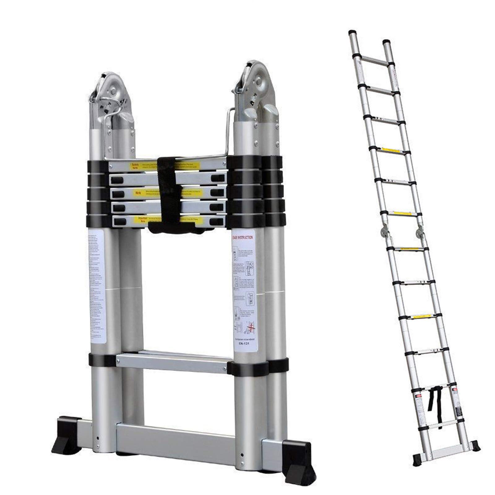 Dicn Black Diy 3.8M/1.9M+1.9M Folding Ladder A Frame Aluminium Telescopic Extension Portable 150Kg Max. Capacity Muti-Purpose Loft Step Ladders