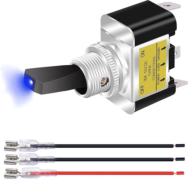 mxuteuk 12V 30A Rocker Light Up Toggle Switch With Wire,Blue LED Light Lighted Toggle Switch SPST ON/OFF 2 Position 3 Pin for Car Truck Boat ATV ASW-07D-2-BUX