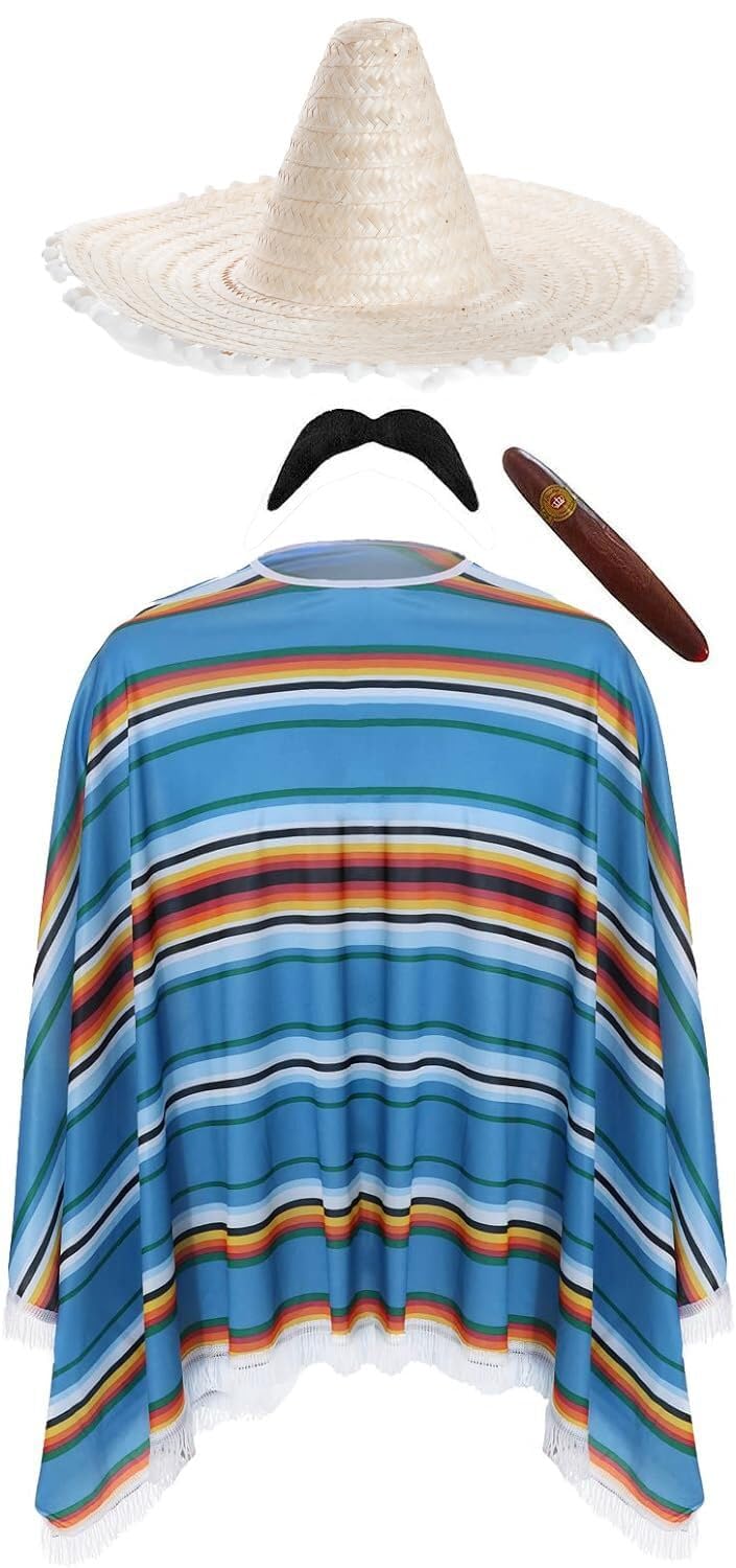 Mexican Man Costume - Blue, Green & Orange Poncho, Natural Sombrero, Mexican Tash, Fake Cigar - Adults Western Bandit Wild West Cinco de Mayo Fancy Dress Costume