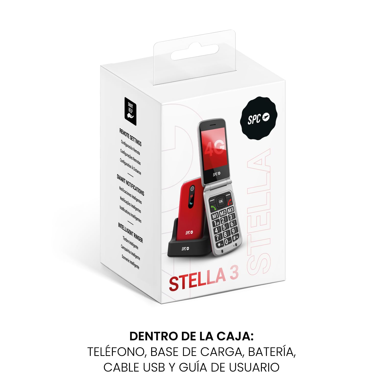 SPC Stella 3 + Cargador 20W | Teléfono móvil para Mayores con Tapa y 4G | Menú y Teclas Grandes | Botón SOS, configuración remota, Compatible audífonos y Volumen 103dB | Base Carga