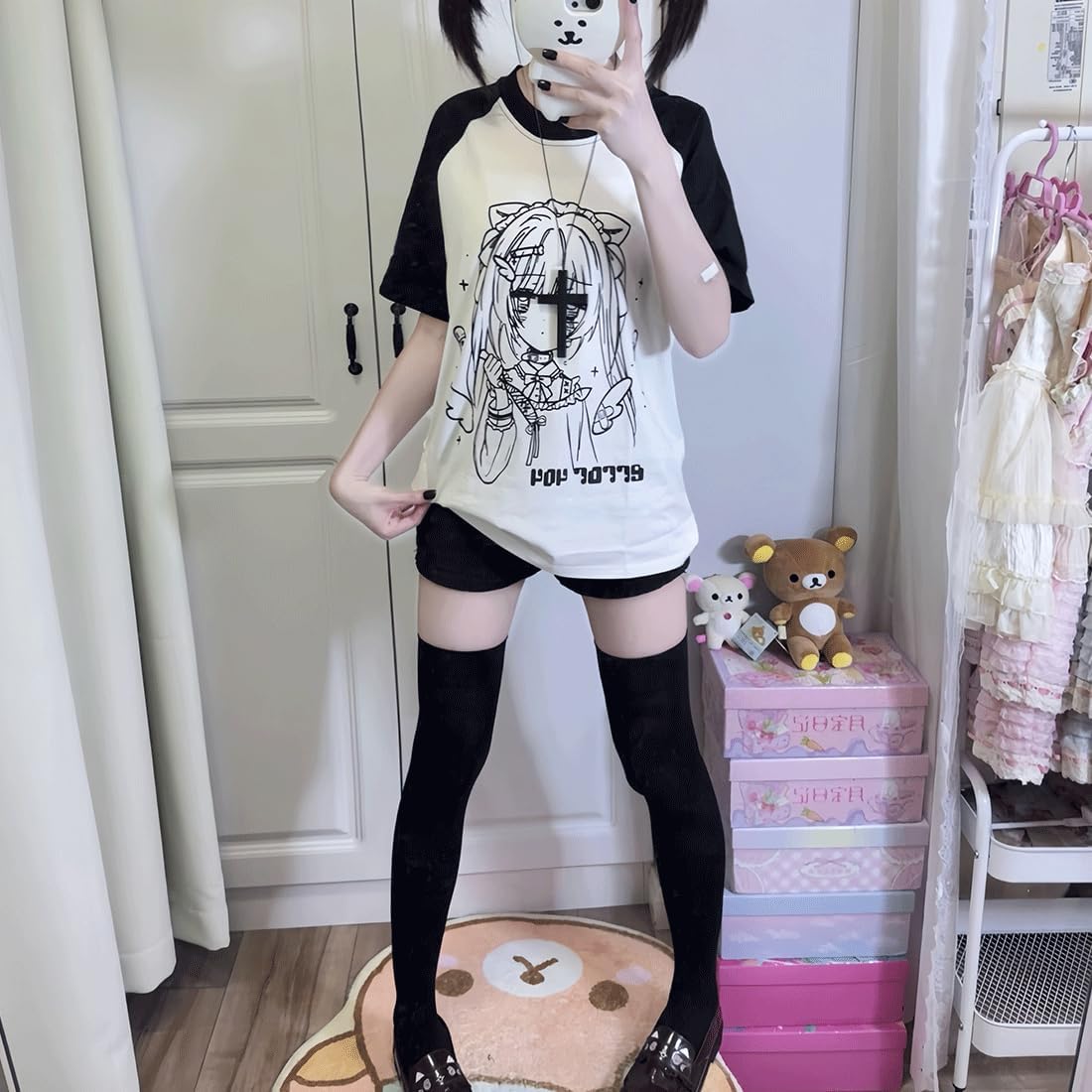 Kawaii Gothic Fashion Casual Crewneck Raglan Short Sleeve Cute Graphic Cartoon Girl with Cat Ears Print T-Shirt - Image 3