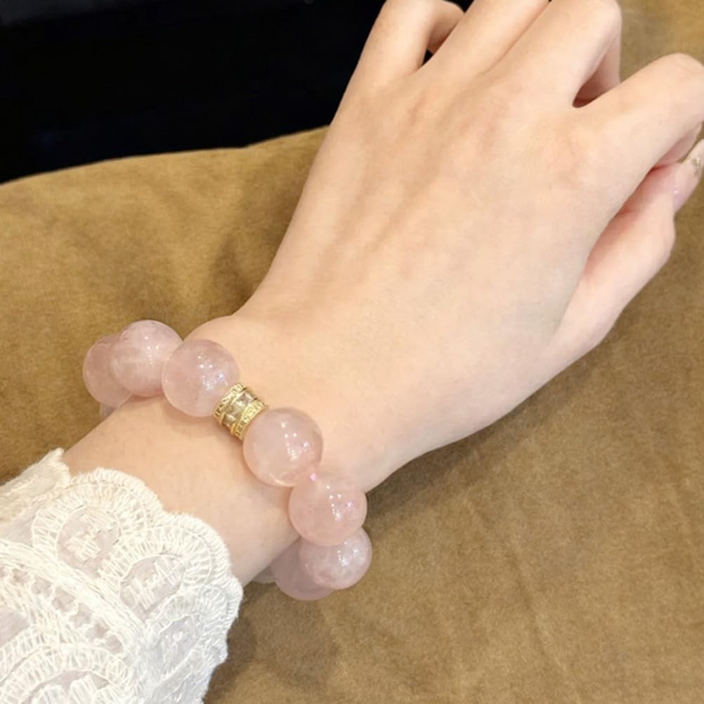 Bracciale in Cristallo di Quarzo Rosa da 14 mm con Gioielli in Pietra Rosa Naturale in Lega con Perline per Amor Proprio ed energia positiva, Accessorio Moda Elastico Elasticizzato