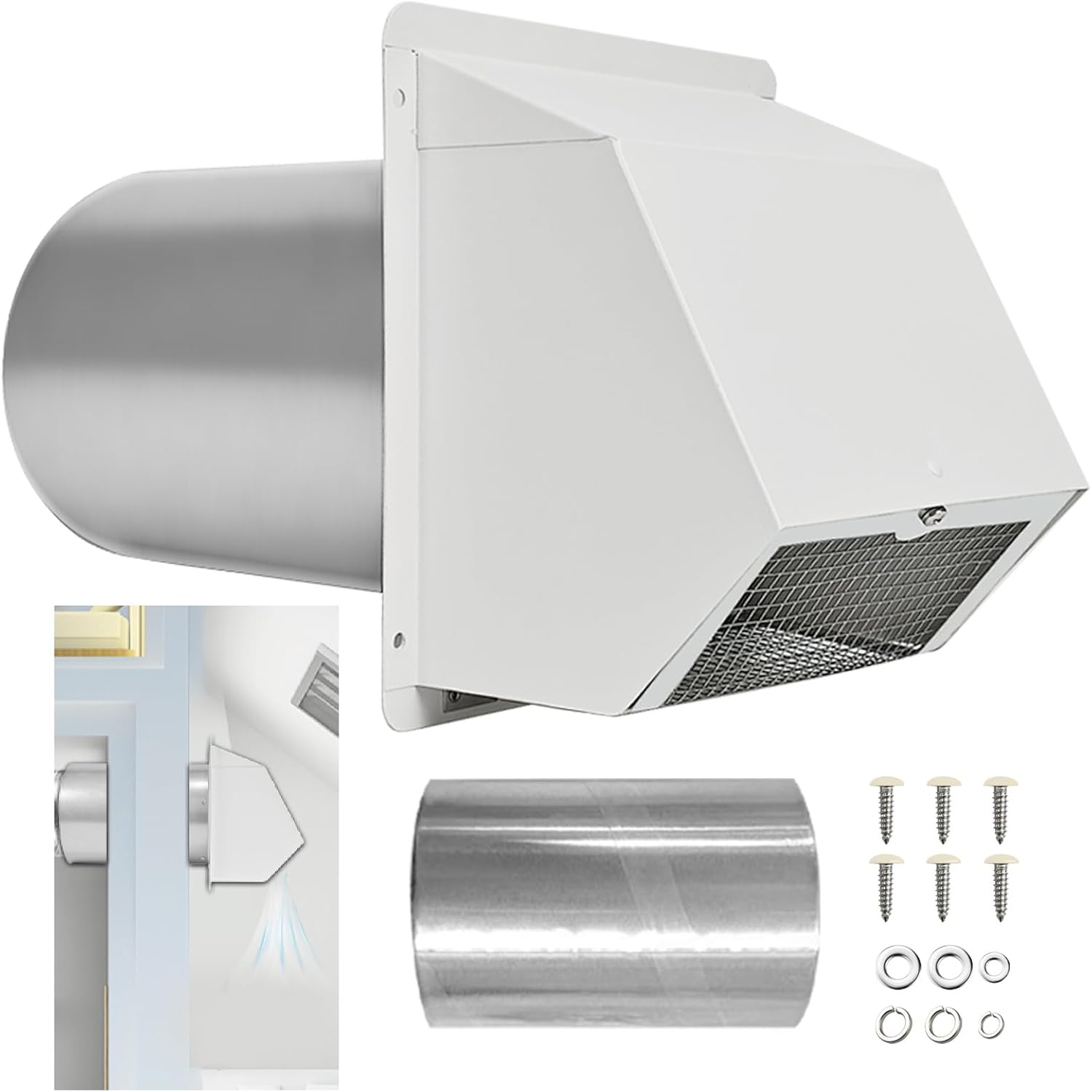 External Dryer Vent Cover 8 Inch with Protective Screen and Damper, Galvanized Steel Wall Flange Works on Outdoor Kitchen Hoods and Residential Air Exhaust