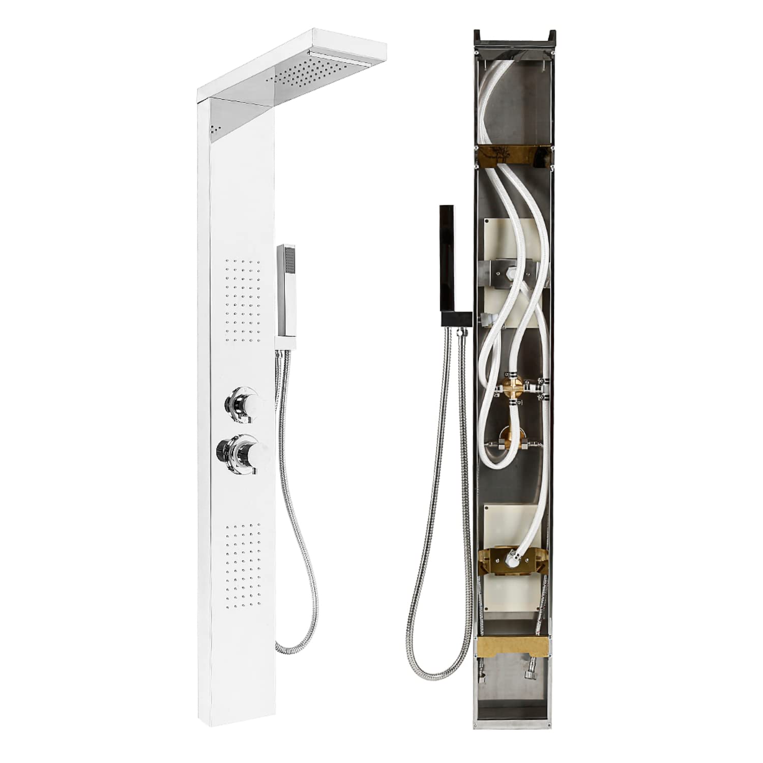 MINGYI Colonne de Douche Hydromassante, avec Douchette et Pommeau, 4 Modes de Douche, Connecteur DIN Standard 1/2'' (Miroir Argent, 15×130 cm)