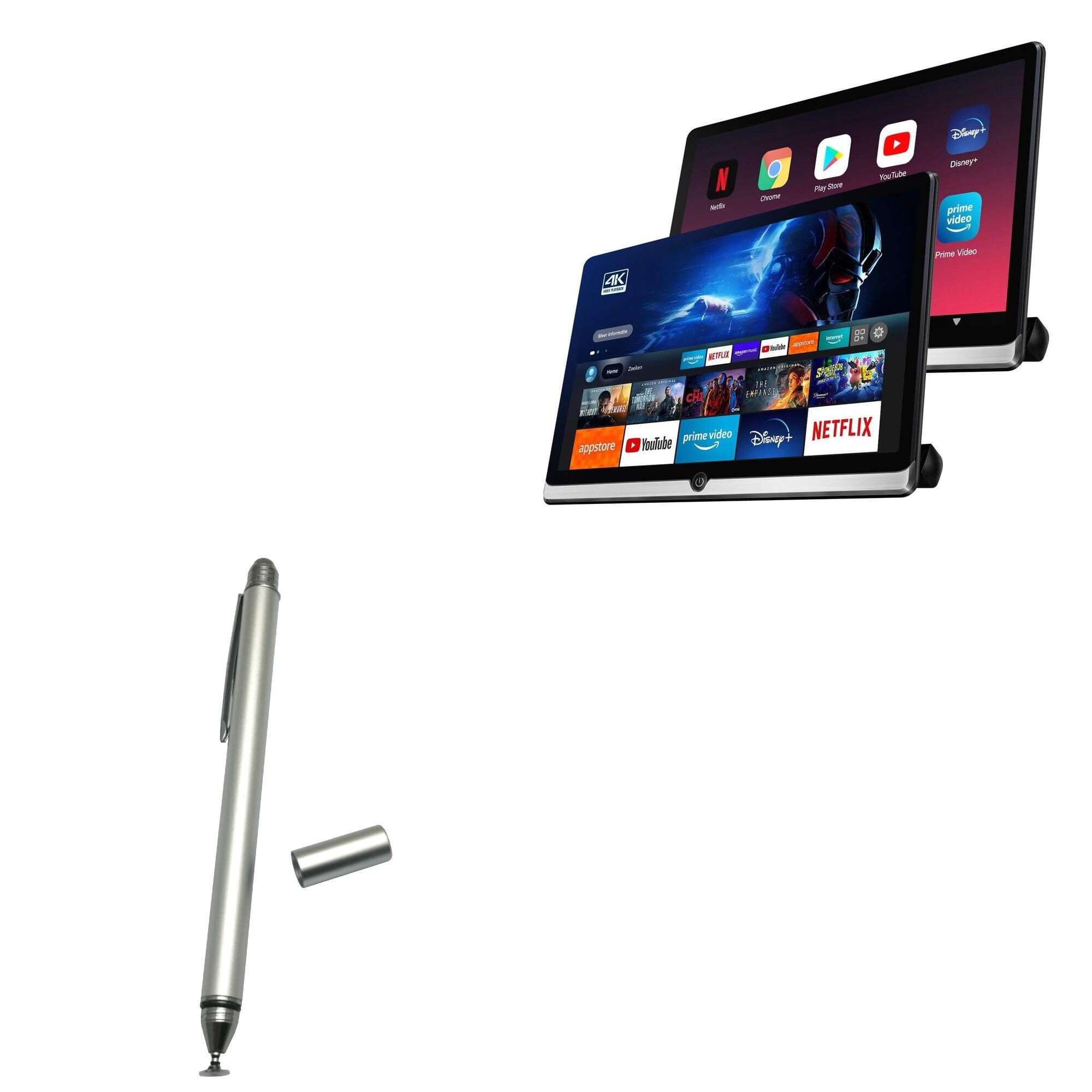 BoxWave Stylus Pen Compatible with Seventour 14 in Portable Car Monitor (4G + 64G ROM) - DualTip Capacitive Stylus, Fiber Tip Disc Tip Capacitive Stylus Pen - Metallic Silver