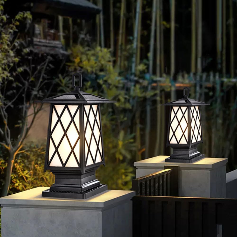 Lampada Solare Da Esterno A Colonna, Impermeabile, Per Recinzione | Lampada a sospensione impermeabile con struttura in metallo e paralume in vetro, accensione/spegnimento automatico
