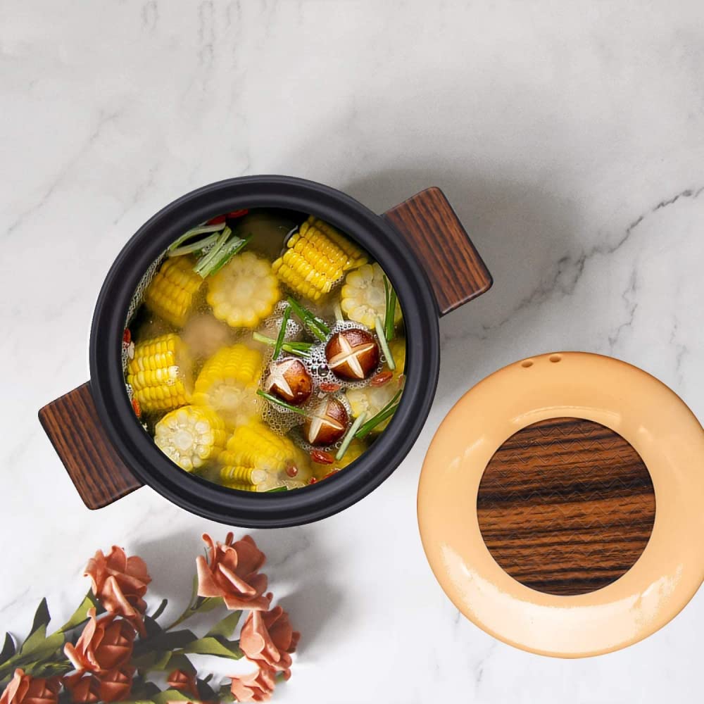 Coperchio in ceramica con doppio manico in legno, pentole in ceramica, pentola universale per salsa in ceramica per zuppa domestica, pentola per zuppa in ceramica blu del Ringraziamento ||3L