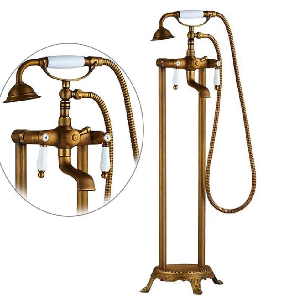 Złota bateria umywalkowa montowana na podłodze, zestaw do wanny i natrysku, wolnostojąca bateria wannowa z prysznicem ręcznym (Antique Brass D)