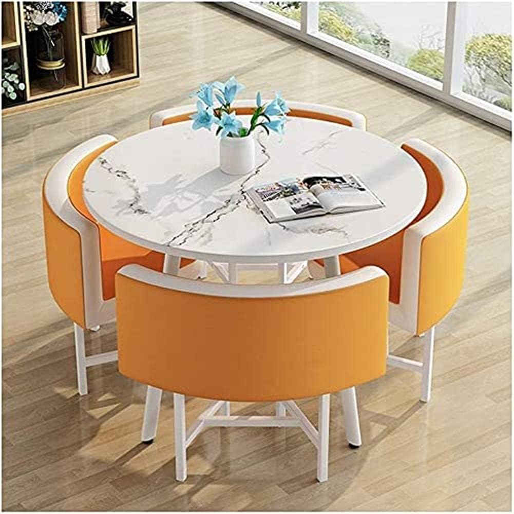 orangeRound Dining Table and Chair Set 1 Table and 4 Chairs Vintage Leather Lounge Chair Office Reception Room Negotiating Table Cafe Library Lounge Cocktail Table