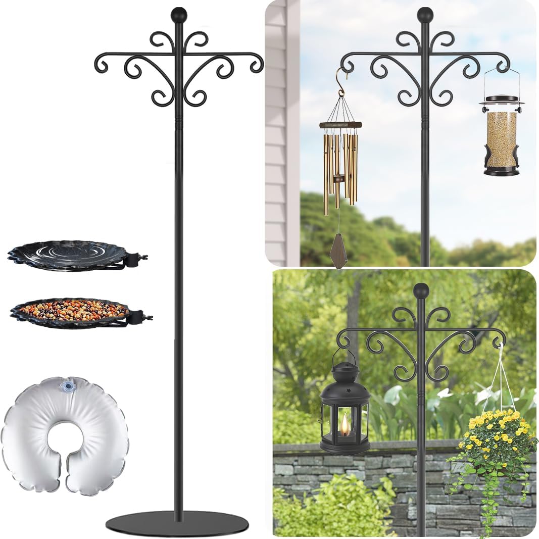 Thickened 74.5" Shepherd's Hook with Stand，Bird Feeder，Wind Chime Hanger Stand, Waterproof Metal & Adjustable-Height Pole Holder for Lantern ，Wreath, Hanging Plants Indoor & Outdoor（2 Placement Racks)