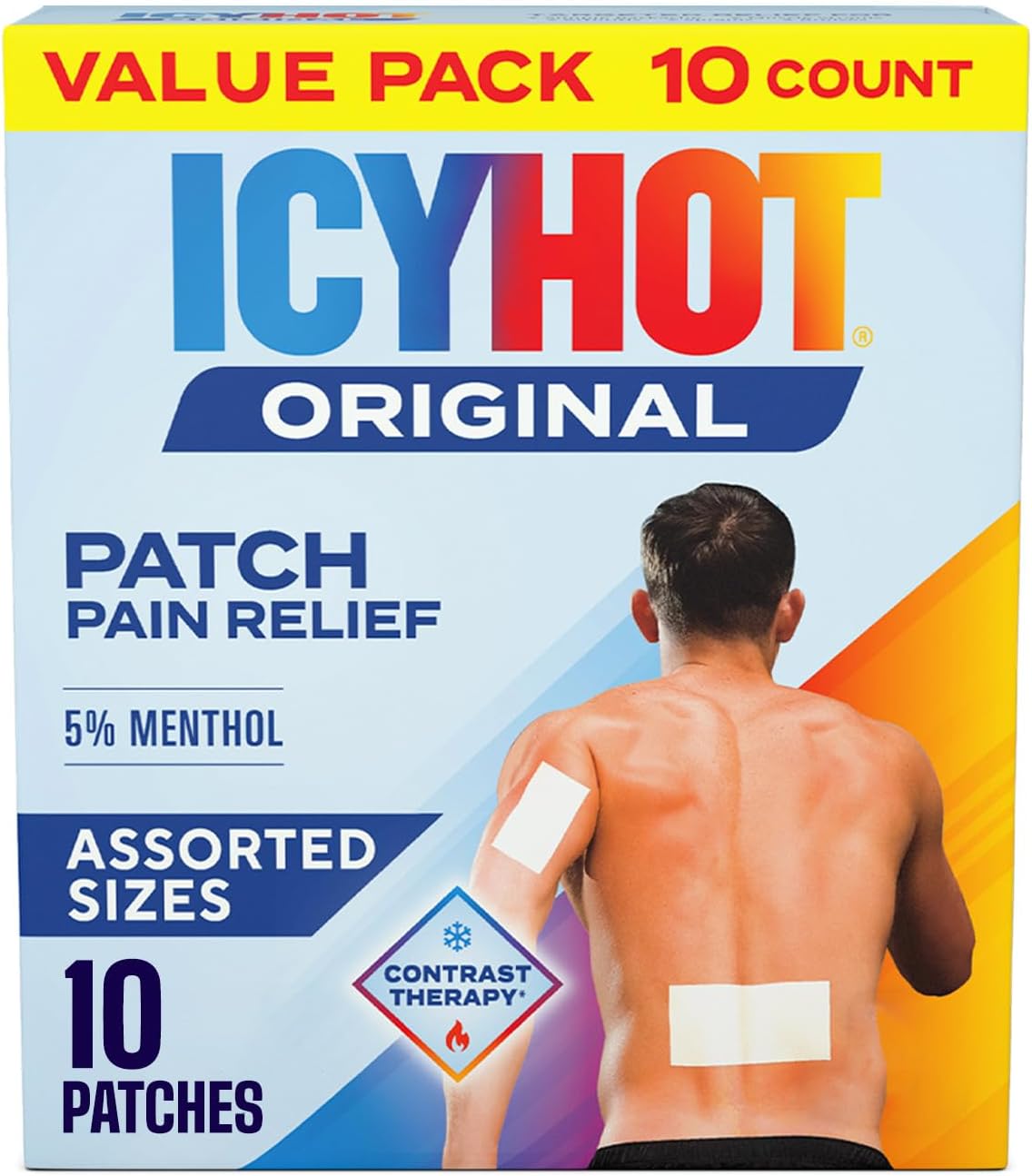 Icy Hot Original Pain Relief Patch Variety Pack with 5% Cooling Menthol for Fast-Acting Muscle and Joint Pain Relief, 5 Medium and 5 Large Comfortable Fabric Patches, 10 Ct.