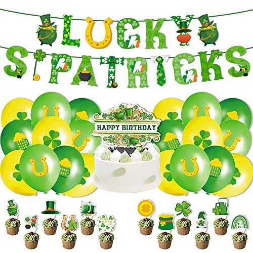 Decoraciones para Fiestas Temáticas de Irlanda, Set decorativo de Globo de Fiesta de St. Patrick's Day Incluye Banderín, Globos y Tapa de la Torta, para St. Patrick's Day, Cumpleaños Cover