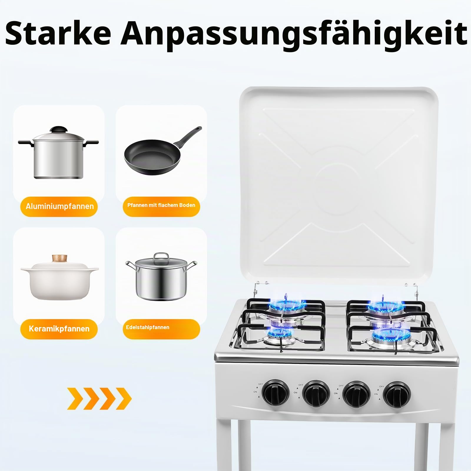 Gaskochfeld 4 Flammen, Campingkocher, Freistehender Naturgasherd mit Doppelten Ablageflächen, Camping Gaskocher mit Deckel, Tragbarer Campingofen für Camping Outdoor Wohnmobil (Weiß)