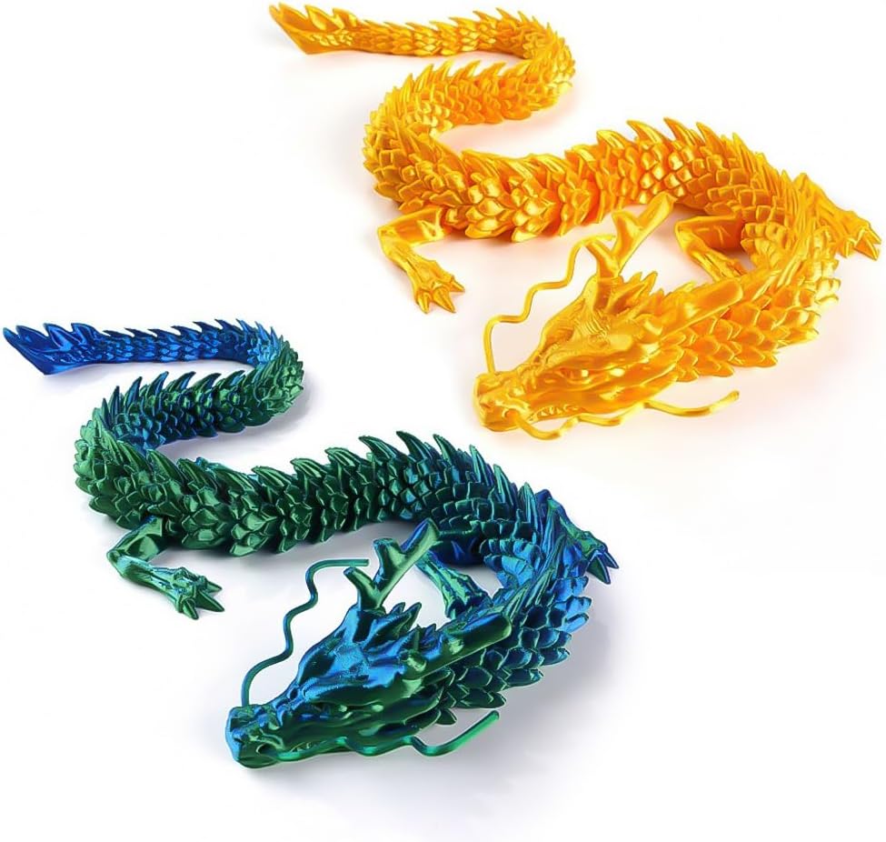 2PCS 12 Inch 3D Printed Dragon Toys,3D Printed Animals,Crystal Dragon Fidget Toy for Kids Ages 3+, Desk Pet Dragon Toy (Gold + Blue Green)