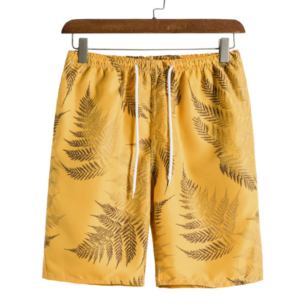 Camisa Hawaiana Hombre, Camisa Hawaiana Para Hombre Y Pantalones Cortos De Playa Hawaianos Conjunto De Hojas De Plantas Amarillas De Algodón Trajes De Hawaii Camisa De Playa De Manga Corta Casual Y